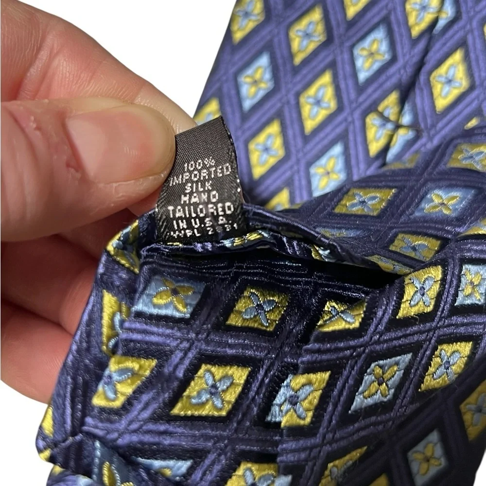 Ike Behar blue and yellow diamond print 100% silk hand tailored in USA tie